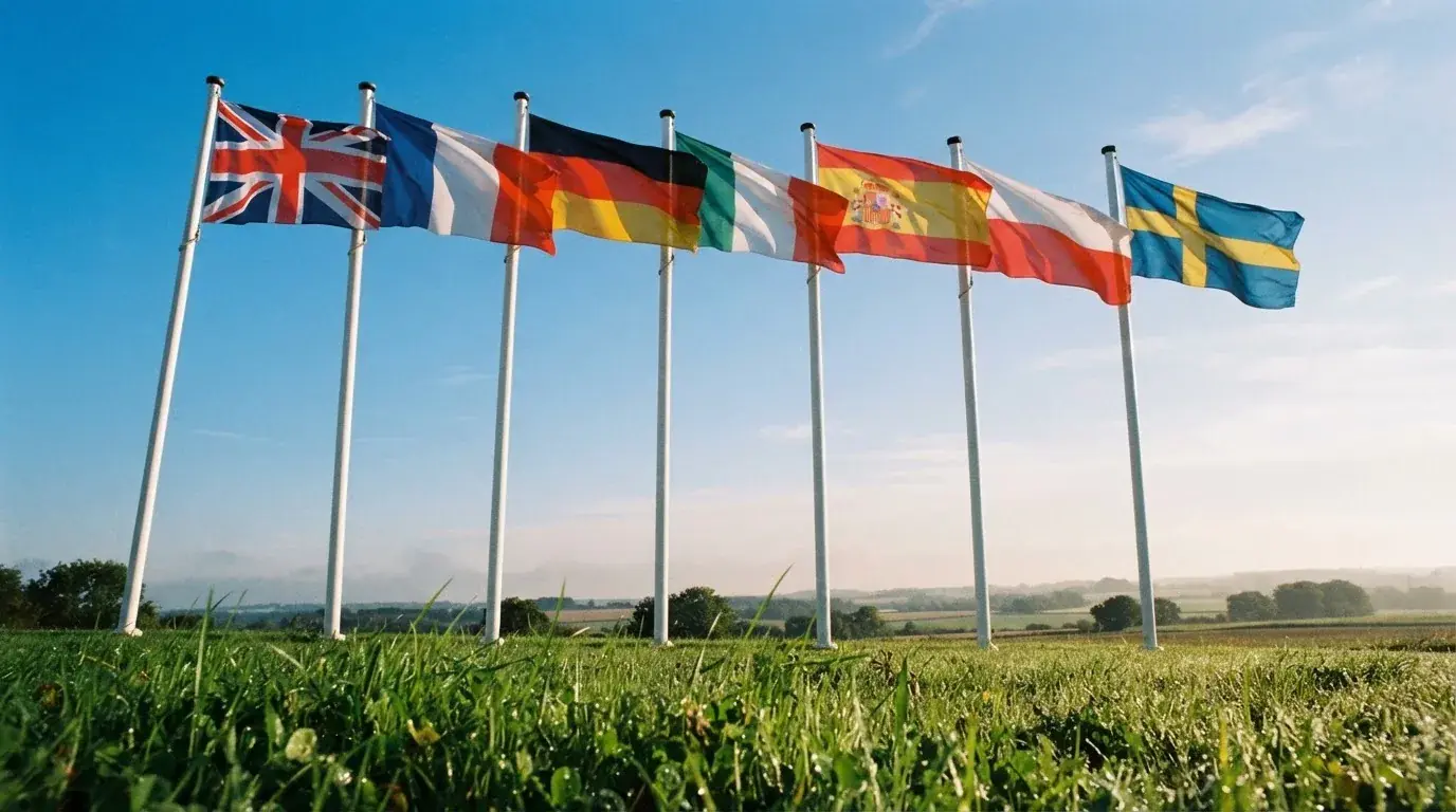 Varias banderas europeas ondeando juntas bajo un cielo despejado, fotografiadas desde un ángulo bajo.