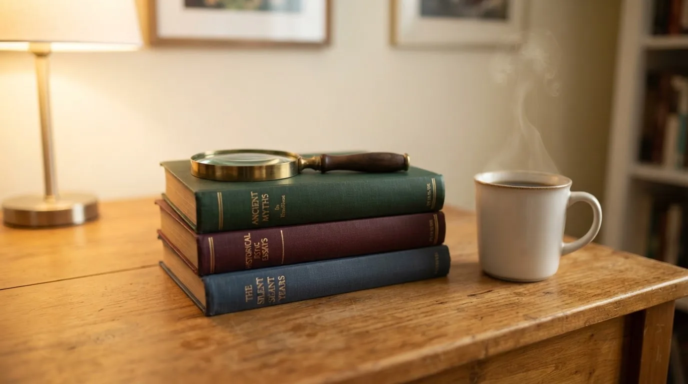 Una pila de libros cerrados sobre un escritorio de madera, junto a una lupa y una taza de café.
